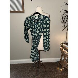 ALC Floral Print Midi Dress Green‎ Pink White Long Sleeve Tie Waist